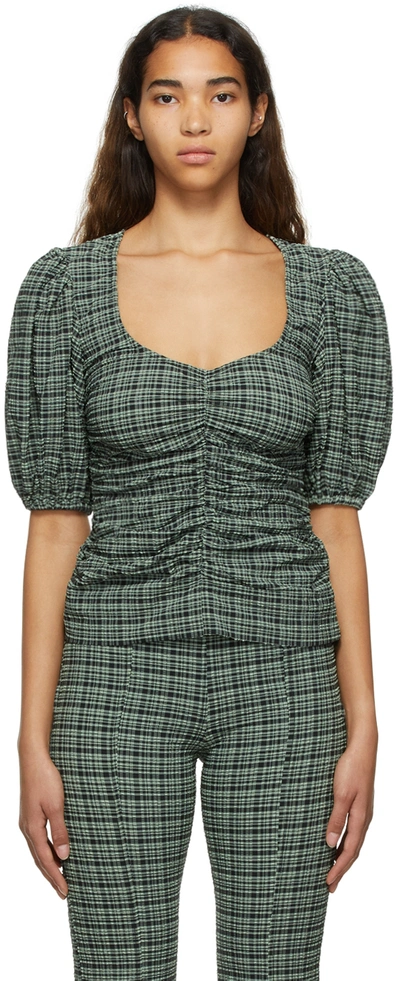 Ganni Stretch Seersucker Blouse In Mini Check Green Bay