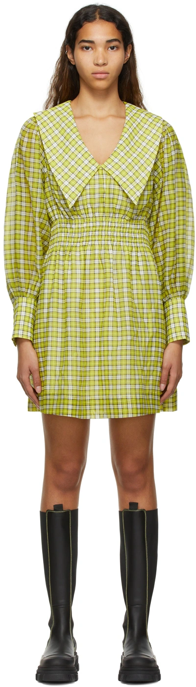 Ganni Yellow Recycled Polyester Mini Dress In Check Sulphur Spring