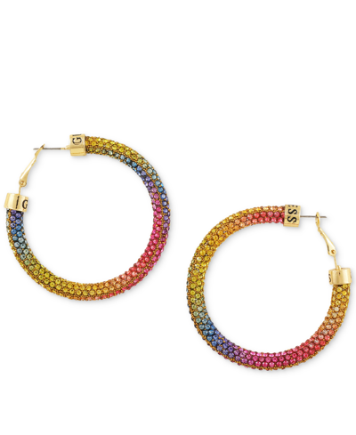 Guess Gold-tone Pave Crystal Ombre Rainbow Sparkle Hoop Earrings, 2"