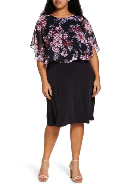 Connected Apparel Floral Overlay Cape Dress In Navy