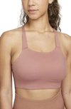 Nike Swoosh Luxe Sports Bra In Fossil Rose/ Iron Grey