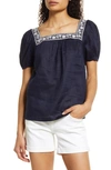 Boden Square Neck Linen Top In Navy Embroidery