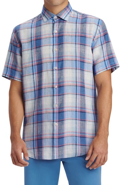 Bugatchi Orson Shaped Fit Plaid Short Sleeve Linen Button-up Shirt In Riviera