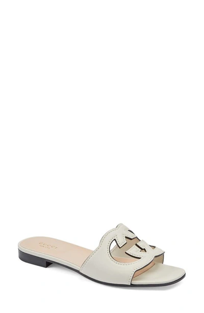 Gucci 20mm Gg Cutout Leather Slide Sandals In Mystic White