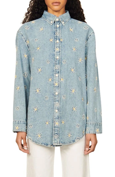 Sandro Celestine Embroidered Denim Shirt In Blue