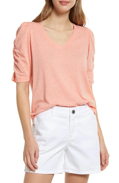 Wit & Wisdom Heathered Ruched Puff Sleeve T-shirt In Heather Papaya