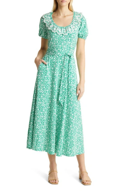 Boden Lace Detail Tie Waist Maxi Dress In Rich Emerald Wildflower Sprig