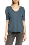 Wit & Wisdom Heathered Ruched Puff Sleeve T-shirt In Heather Arctic Teal