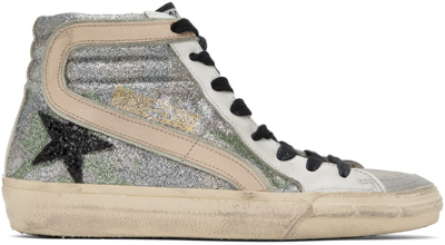 Golden Goose Silver & White Slide Classic High-top Sneakers In 81535 Green Camoufla