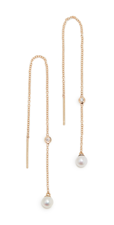 Zoë Chicco 14k Yellow Gold, 4mm Pearl & Diamond Long Threader Earrings