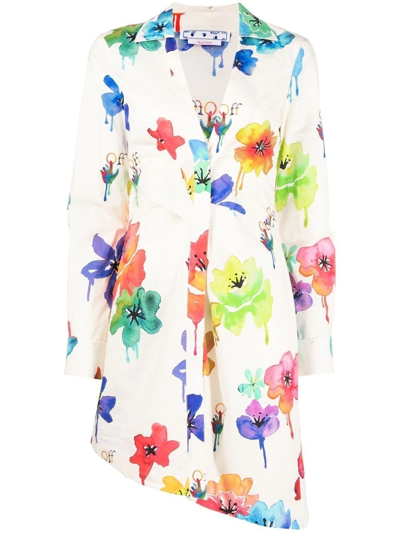Off-white Floral Poplin Draped Shirtdress In Multicolor