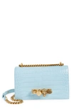 Alexander Mcqueen Skull-motif Swarovski-encrusted Croc-embossed Leather Cross-body Bag In Pale Blue