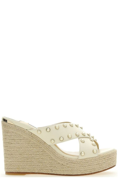 Jimmy Choo Dovina 100mm Pearl Studded Leather Platform Slide Sandals In Latte