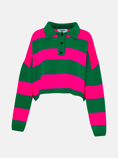 Msgm Fuchsia And Green Cashmere Blend Polo Shirt In Pink