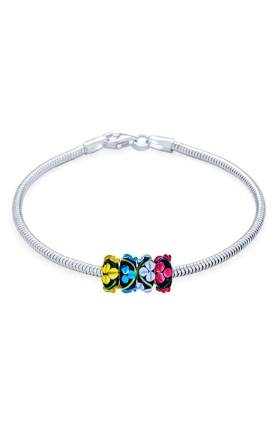 Bling Jewelry Sterling Silver Multicolor 3d Flower Beaded Bracelet In Multi-color