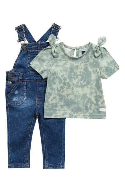 7 For All Mankind Babies' Denim Overalls & Bow Top Set In Light Sage