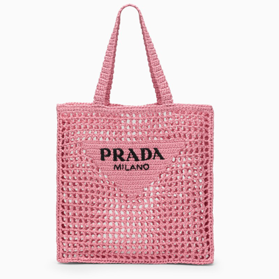 Prada Pink Logoed Crochet Tote Bag In Pink