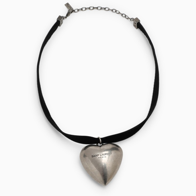 Saint Laurent Heart Choker In Velvet In Black