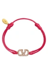 Valentino Crystal V Logo Slim Adjustable Bracelet In Dawn Pink/ Vintage Rose