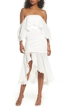 C/MEO COLLECTIVE SACRIFICES RUCHED OFF THE SHOULDER DRESS