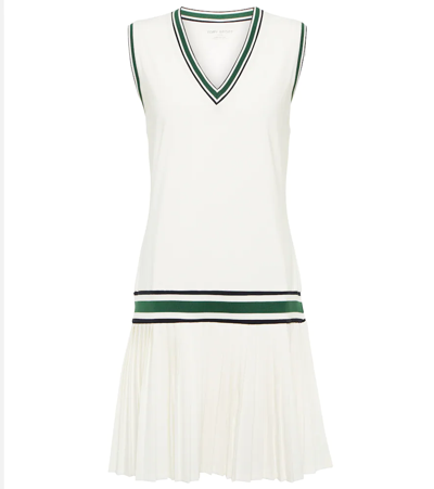 Tory Sport Pleated Striped Stretch-jersey Tennis Dress In Snow White/evergreen