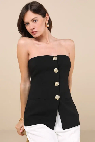 4th & Reckless Tailored Bandeau Split Front Gold Button Top In Black