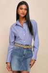 4TH & RECKLESS HALEEMA BLUE STRIPED COLLARED BUTTON-UP TOP