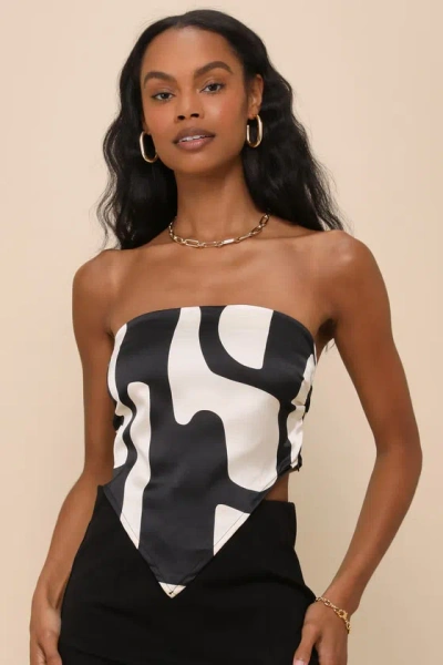 4th & Reckless Iris Black And Ivory Abstract Satin Strapless Handkerchief Top