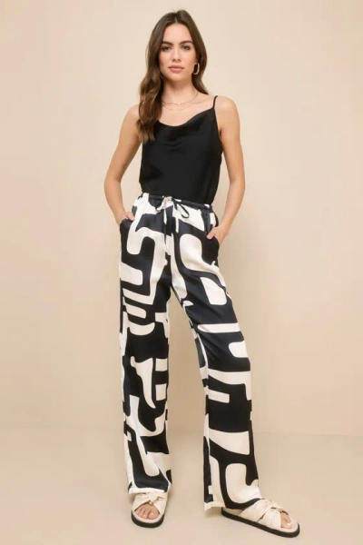 4th & Reckless Iris Black And Ivory Abstract Satin Wide-leg Pants