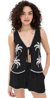 4th & Reckless Tie Front Palm Embroidered Linen Blend Vest In Black