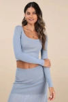 4th & Reckless Nancy Slate Blue Knit Long Sleeve Crop Top In Slate Blue