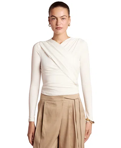 4th & Reckless Slinky Wrap Ruched Detail Long Sleeve Top In White