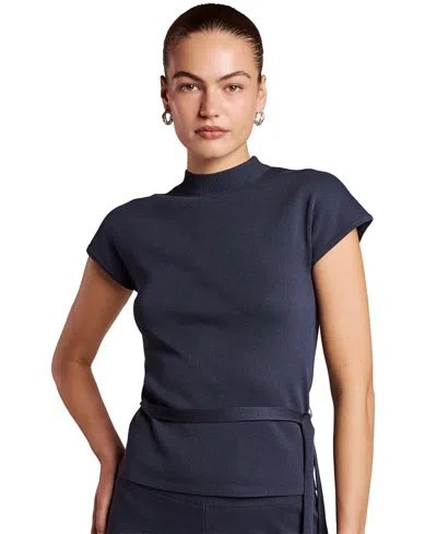 4th & Reckless Women's Mirabelle Mock Neck Self-tie Belt Viscose-blend T-shirt In Navy