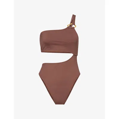 4th & Reckless One Shoulder Metal Ring Detail Cut Out Swimsuit In Brown