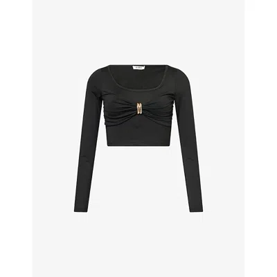 4th & Reckless Womens Black Lyra Knot-front Stretch-woven Top