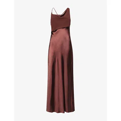 4th & Reckless Womens Brown Klaudia Asymmetric Satin Maxi Dress