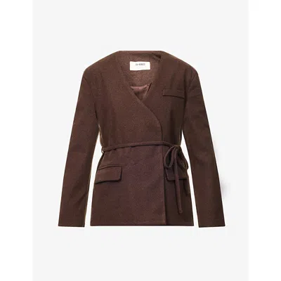 4th & Reckless Womens Luca Herringbone Tie-waist Wrap Woven Jacket Chocolate In Brown