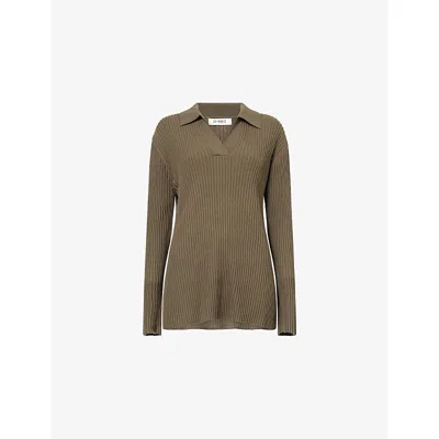 4th & Reckless Womens Olive Clarine Polo-collar Rib-knit Top In Green