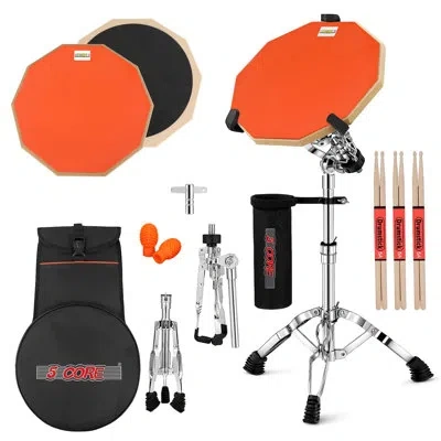 5 Core Drum Practice Pad Set 12" Adjustable Snare Drumming Stand Double Sided Silent Drummer Kit In Orange