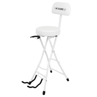 5 Core Guitar Stool 3.15" Padded Chair W Backrest Foldable Music Seat Built In Foot Rest Guitar Stand In White