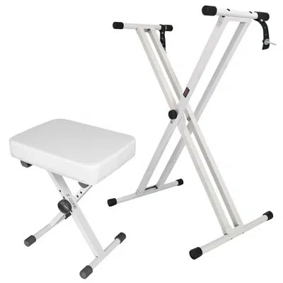 5 Core Keyboard Stand Double X Style Adjustable Piano Riser + Keyboard Piano Bench In White