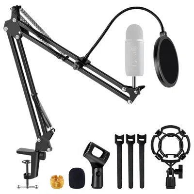5 Core Microphone Stand Suspension Desk Scissor Boom Arm 16" Shock Mount Pop Filter In Black