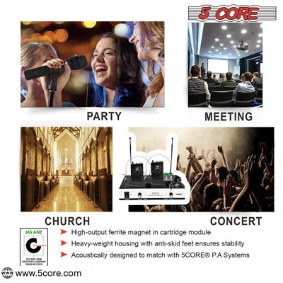 5 Core Wireless Microphones W 2 Headset Portable Mini Microfono Inalambricos + Receiver 165ft Range