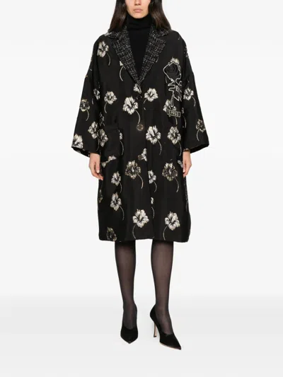 5 Progress Floral-jacquard Bouclé-panel Coat In Black