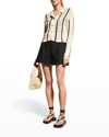 Monrow Vertical Stripe Organic Cotton Crochet Cardigan In Buttercream/black