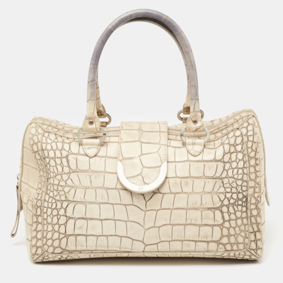 Pre-owned Aigner Vanilla/black Croc Embossed Leather Flap Satchel In White