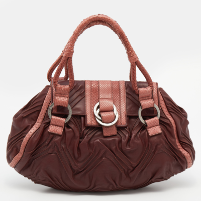 Pre-owned Bvlgari Brown Pleated Leather And Python Satchel