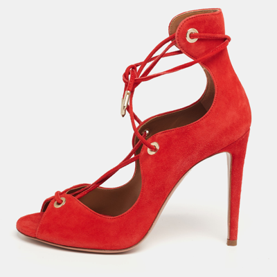 Pre-owned Aquazzura Red Suede Tango Curvy Lace-up Sandals Size 37