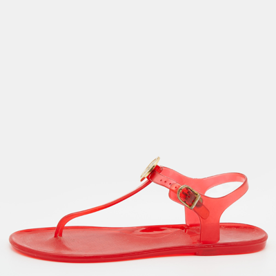 Pre-owned Carolina Herrera Ch Arolina Herrera Red Rubber Logo Thong Flat Sandals Size 37