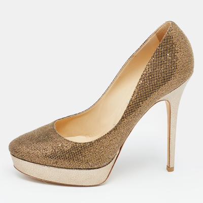 Pre-owned Jimmy Choo Gold Glitter Fabric And Embossed Leather Eros Platform Pumps Size 40
